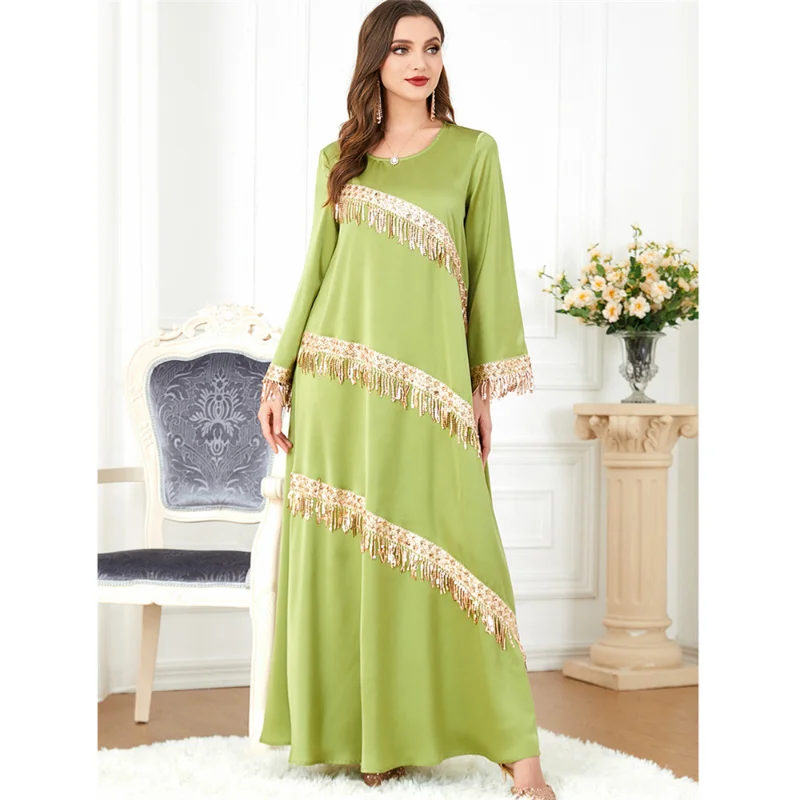 Luxury Elegant Dress Women Evening Party Gown Sequins Tassel Abaya Muslim Moroccan Caftan Jalabiya Islamic Vestidos Holiday Robe