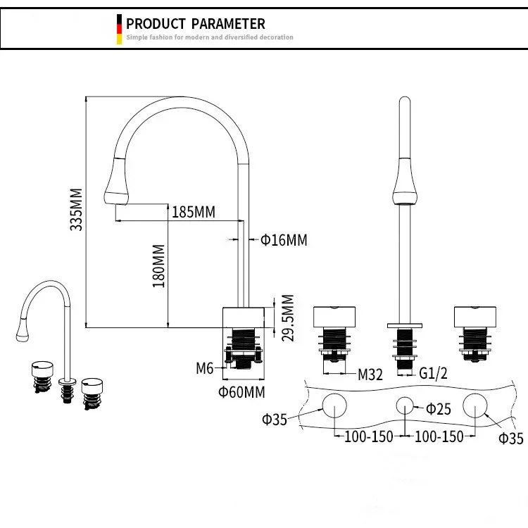 Латунные смесители для раковины ванной комнаты с 3 отверстиями черные двойной