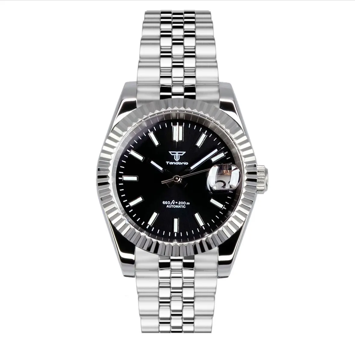 Рифленые часы Tandorio 36/39 мм серебряные нержавеющая сталь сапфир 200 м