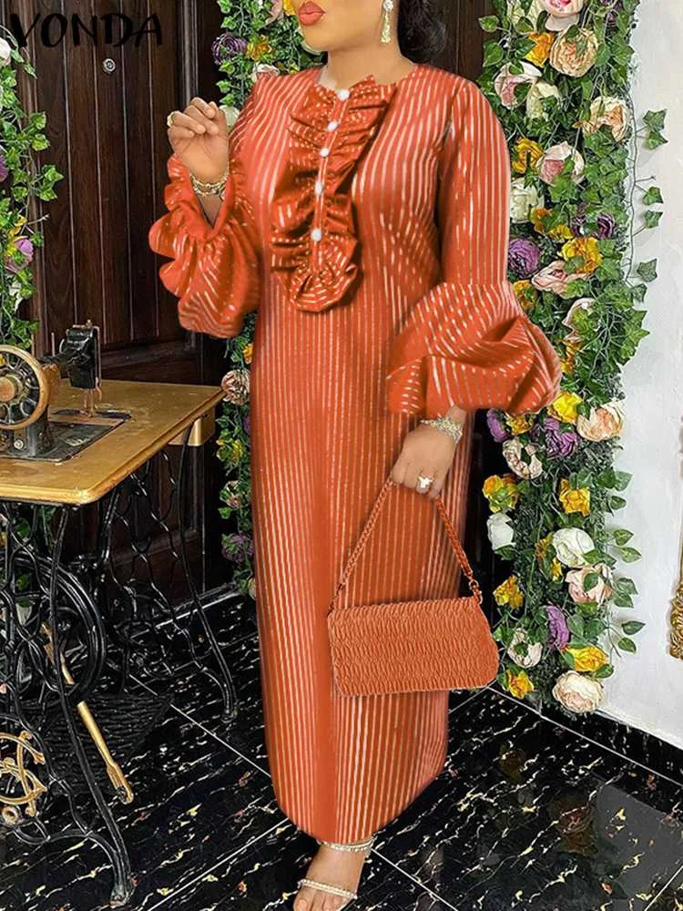

Long Sleeve Ruffle Dress VONDA 2022 Women Sundress Autumn Stripe Party Dress Casual Pleated Vestidos Femininas Robe Femme