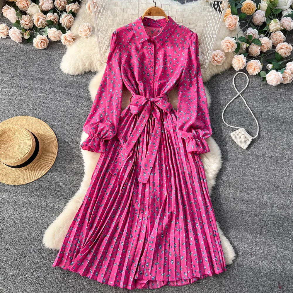 

Женское платье с длинным рукавом, весеннее приталенное платье с цветочным принтом и откидным воротником, большие размеры