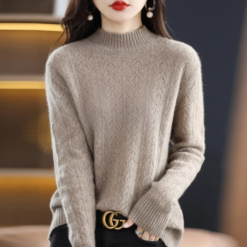 2022 Autumn And Winter New 100% Pure Wool Sweater Women's Half Turtleneck Knitted Pullover Loose Hollow Cashmere Top Female Hot