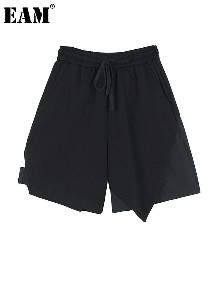 

[EAM] Women Black Irregular Spliced Wide Leg Shorts New High Waist Loose Fit Trousers Fashion Tide Spring Summer 2022 1DE8774
