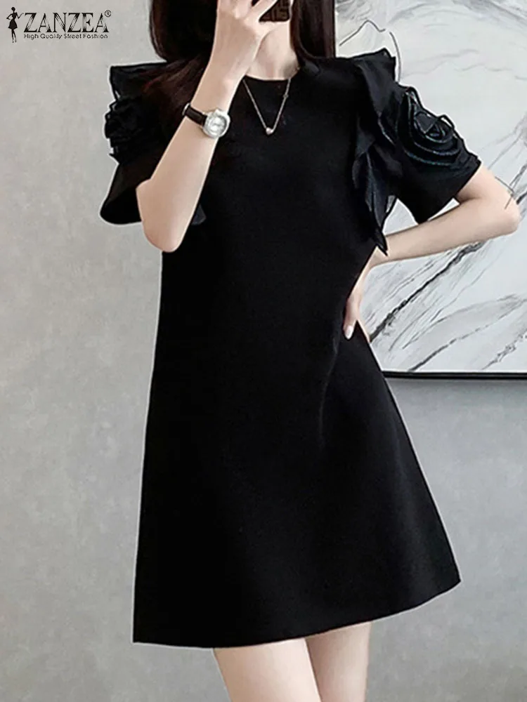 Модное женское платье ZANZEA с оборками летнее однотонное коротким рукавом до колен