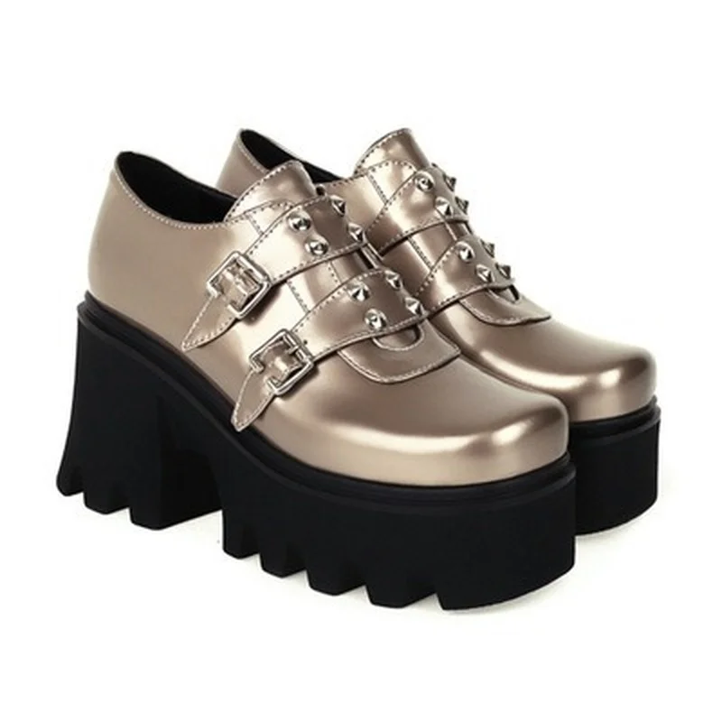 New Fashion Rivets Belt Buckle Platform Shoes Retro Square Head Chunky Heel Women  High  Patent Leather  Sneakers