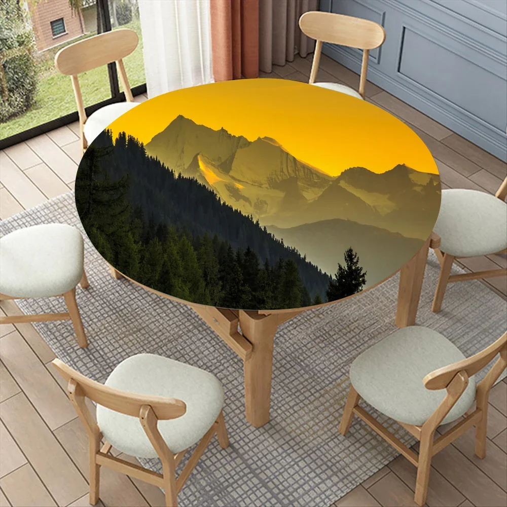 Landscape Tablecloth with Elastic Band Mountain Style for Summer Dining and Home Decor Waterproof Table Cloth