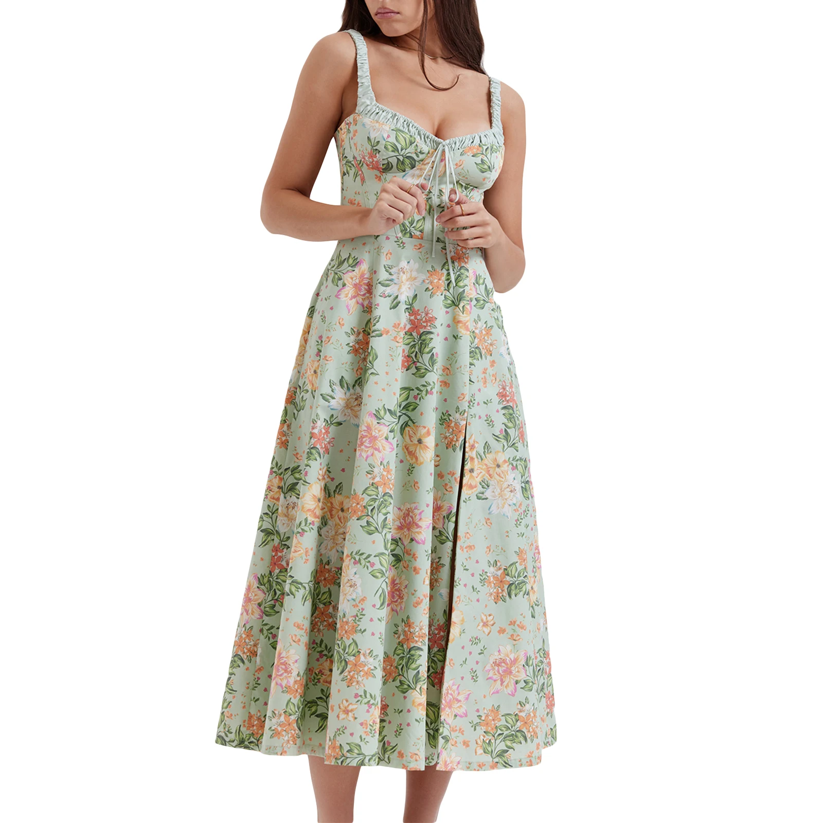 

Женское длинное платье-бюстье Y2k, платье средней длины без рукавов с глубоким вырезом и кружевной отделкой, сарафан-качели на бретелях-спагетти