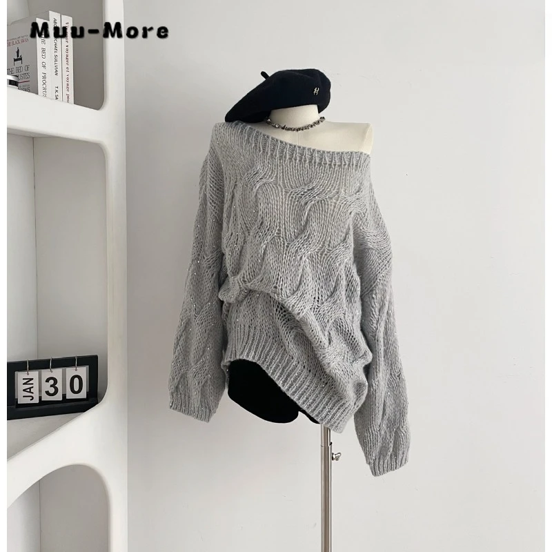 

Осень-зима 2023, винтажные Повседневные вязаные свободные пуловеры с длинным рукавом для женщин, однотонная трикотажная одежда, мешковатый Шикарный свитер, Топ