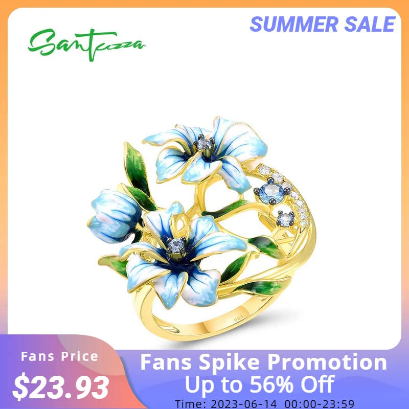 

SANTUZZA Genuine 925 Sterling Silver Rings For Women Blue Spinel White CZ Handmade Enamel Flower Ring Delicate Fine Jewelry