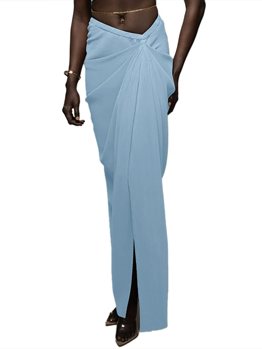 

Women Ruched Knit Skirt Irregular Mid Wiaist Split Knitted Maxi Skirt Casual Solid Color Street Wear