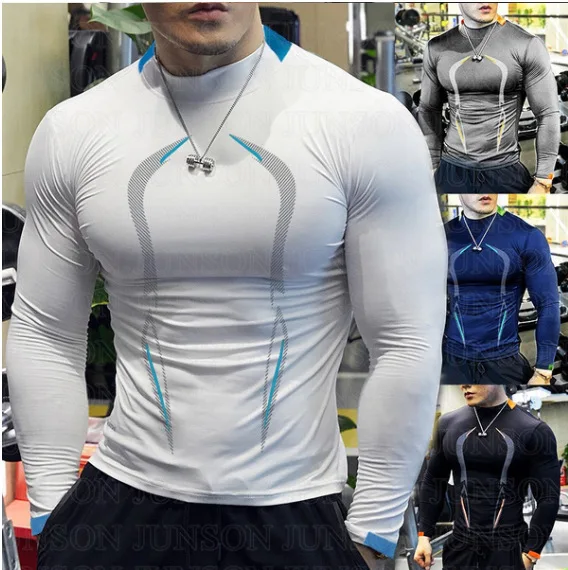 

Fashion Men Sports Shirt Round Neck Long Sleeve Elastic Quick Drying Tops Fitness Running Casual Clothing Breathable Comfortable