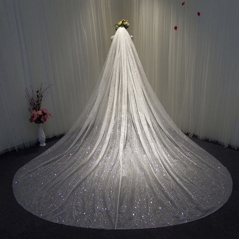 

Women Mesh Ultra-Long Trailing Cathedral Wedding Veil Romantic Luxury Shimmer Starry Sky Sequins Hot Stamping Bridal L21E