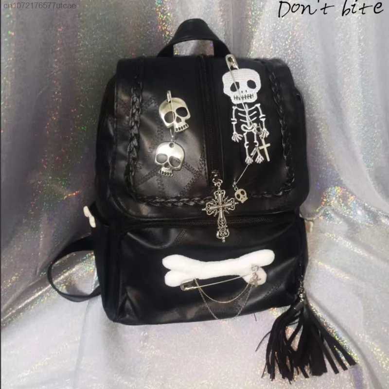 Miniso Gothic Rock Skeleton Black Backpacks For Women Y2k Trend Grunge Bcakpack Skull Angel Punk Fashion Anime Diablo Schoolbag
