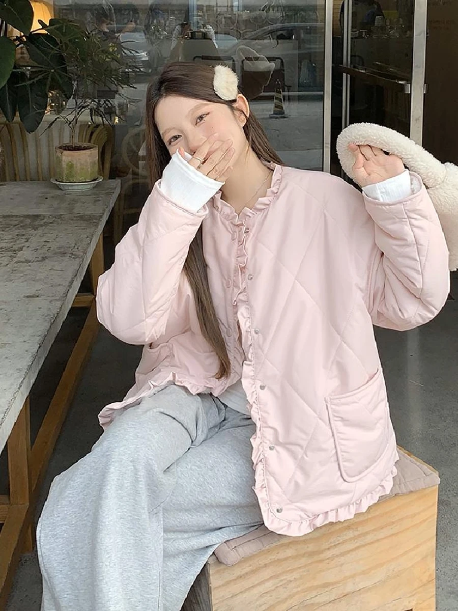 Маленькая хлопковая стеганая куртка с розовым ромбом 2024 зимняя милая новая