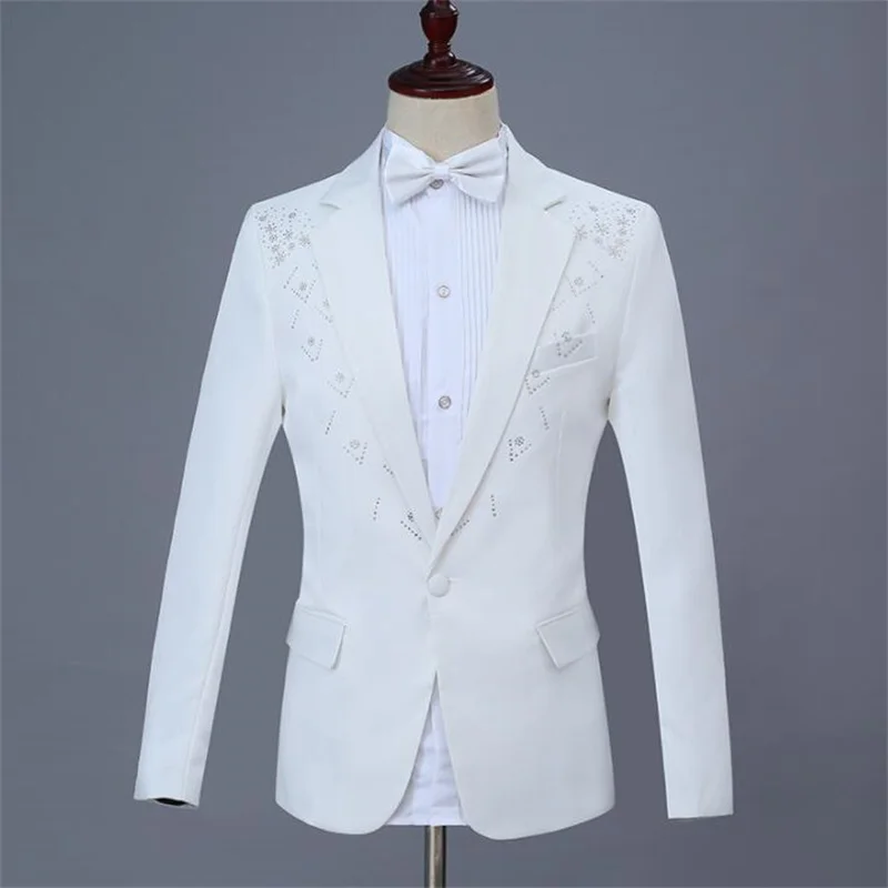White Blazer Men Sequin Suit Set With Pants Wedding Costume Singer Star Style Stage Clothing Formal Dress