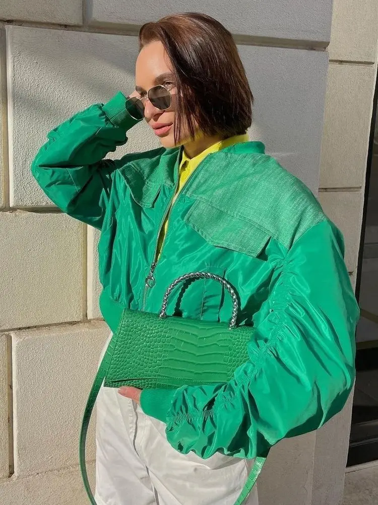 Укороченная однотонная куртка-бомбер Y2K с карманами женское свободное хлопковое