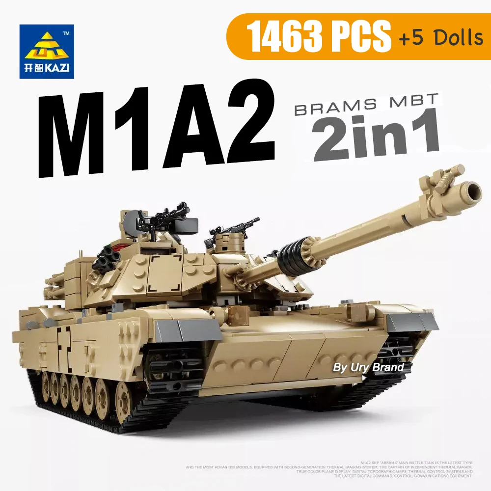 2in1 WW2 Military M1A2 Abrams MBT Army Tank Cannon Chariot Set Soldier Figures DIY Building Blocks Toys Kids Gift MOC Series