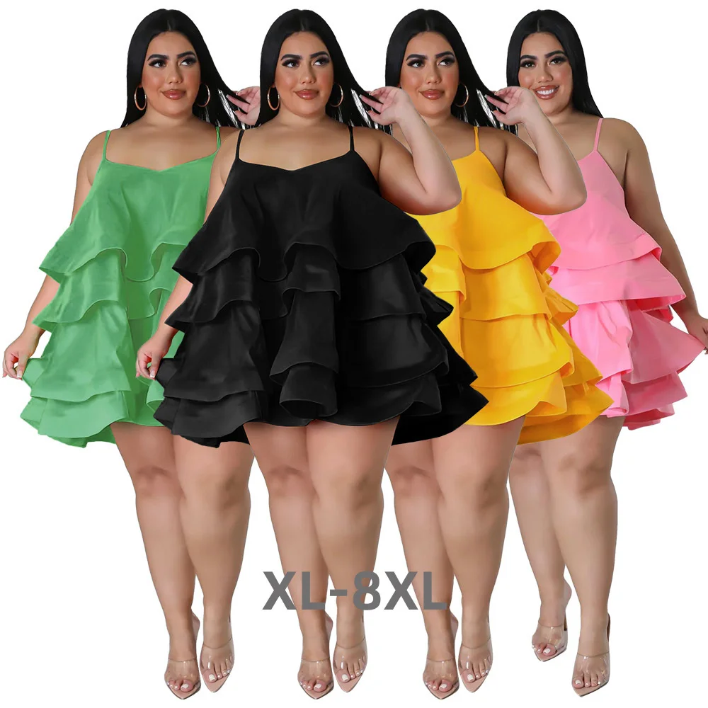 Plus Size Summer Sexy Puff Ruffles Sleeveless Women Dress 4xl Spaghetti v Neck Layers Solid Holidays Par 3xl 4xl 5xl 6xl