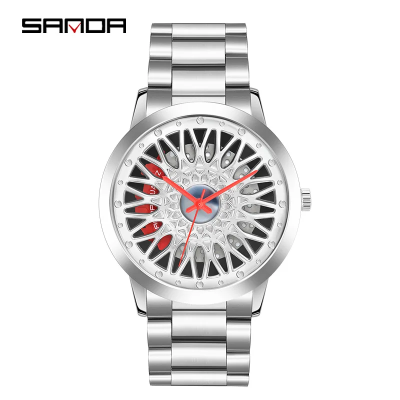 

Sanda trendy wheel design quartz watch for men's personalized three-dimensional hollowed out dial steel belt waterproof watch