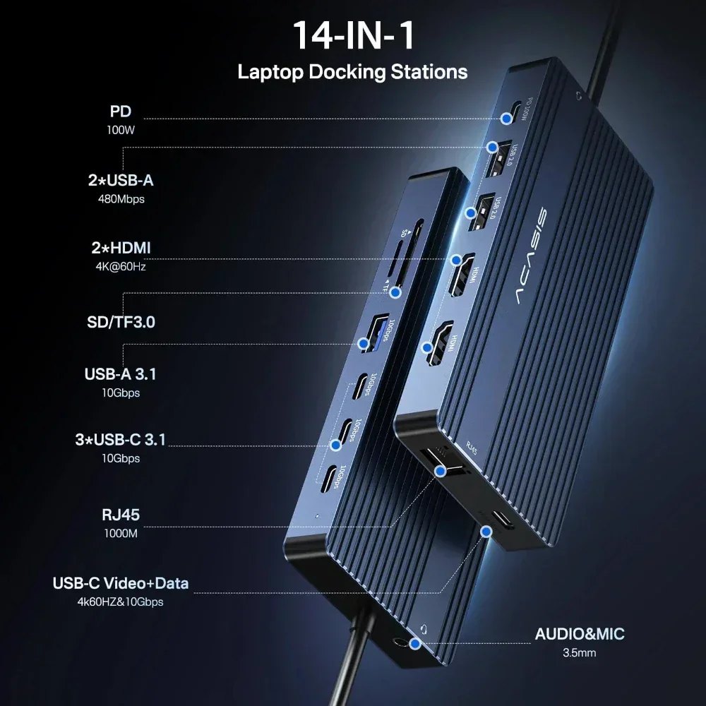 Фото Док-станция Acasis 14 в 1 USB-C 3.1 Type-C к HDMI-концентратору 10 Гбит/с 4K/60 Гц PD100W 1000 Мбит/с Ethernet 85 Вт Вход для концентратора ноутбука №2