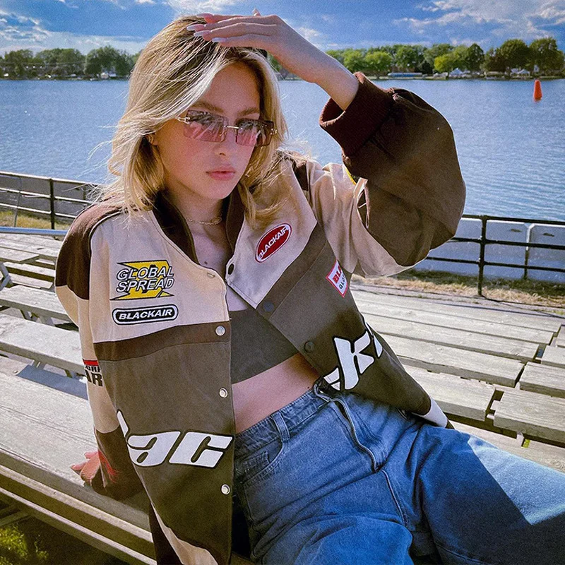 Женская трехцветная повседневная ветровка с длинными рукавами мотоциклетное