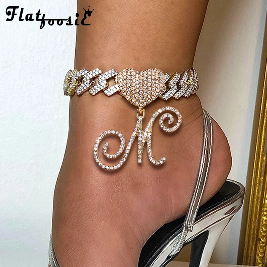 

Flatfoosie Hip Hop 26 Cursive Initial Letter Crystal Anklets For Women Iced Out Pave Cuban Chain Ankle Bracelet Leg Foot Jewelry