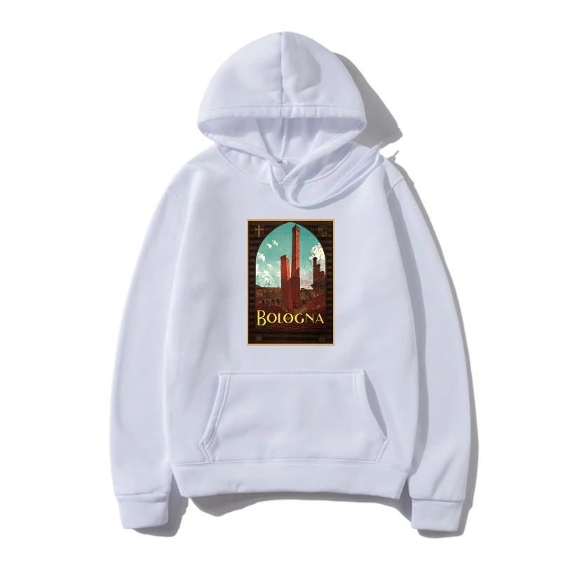 

Men Outerwear Bologna Italy Vintage Travel Poster Design by naves SweatSweatshir Women Outerwear