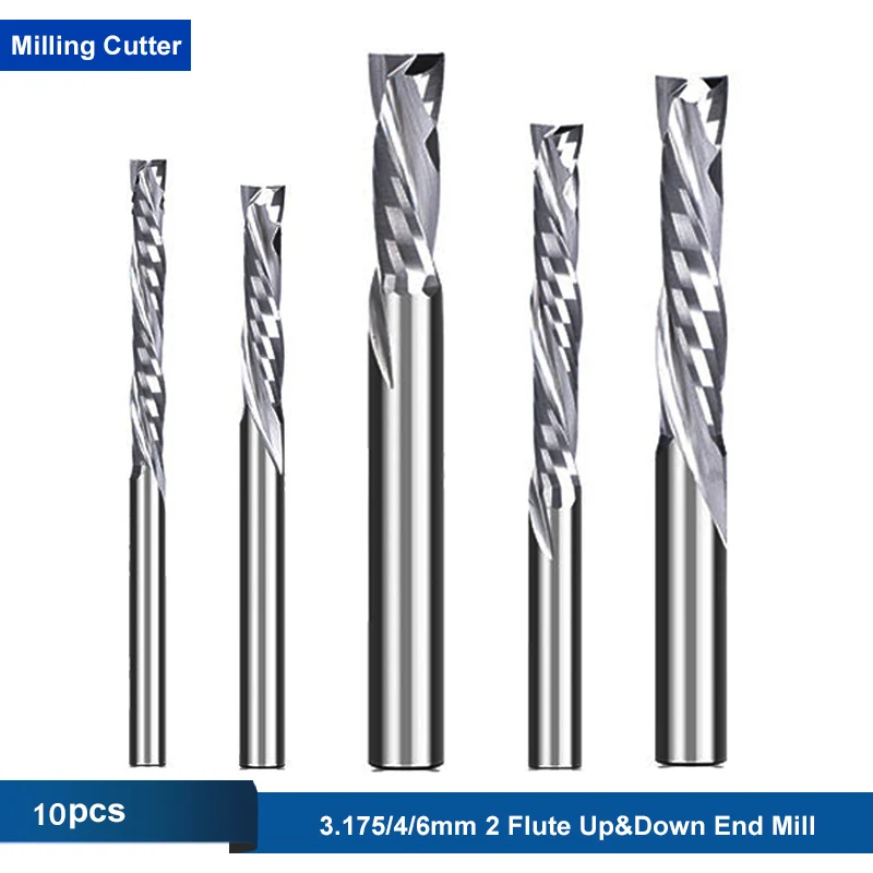 

10pc/lot Carbide 2 Flute Spiral Milling Cutter 3.175/4/5/6mm Up&Down Cut endmills Woodworking tools cnc Router cutters for wood