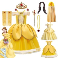 disney princess dress for girls belle party cosplay costume kids christmas fancy yellow layered sequin wedding clothes 3 to 10y