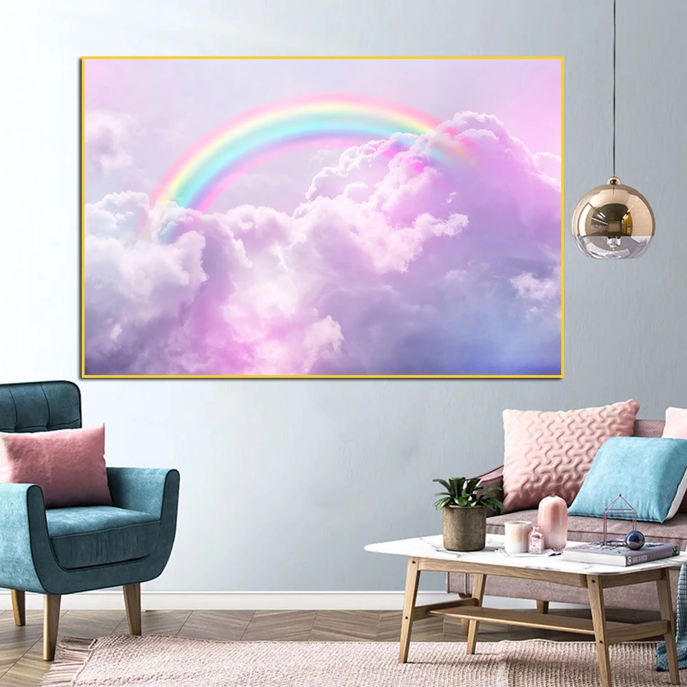 Настенная картина розовое звездное небо и радуга дельфины