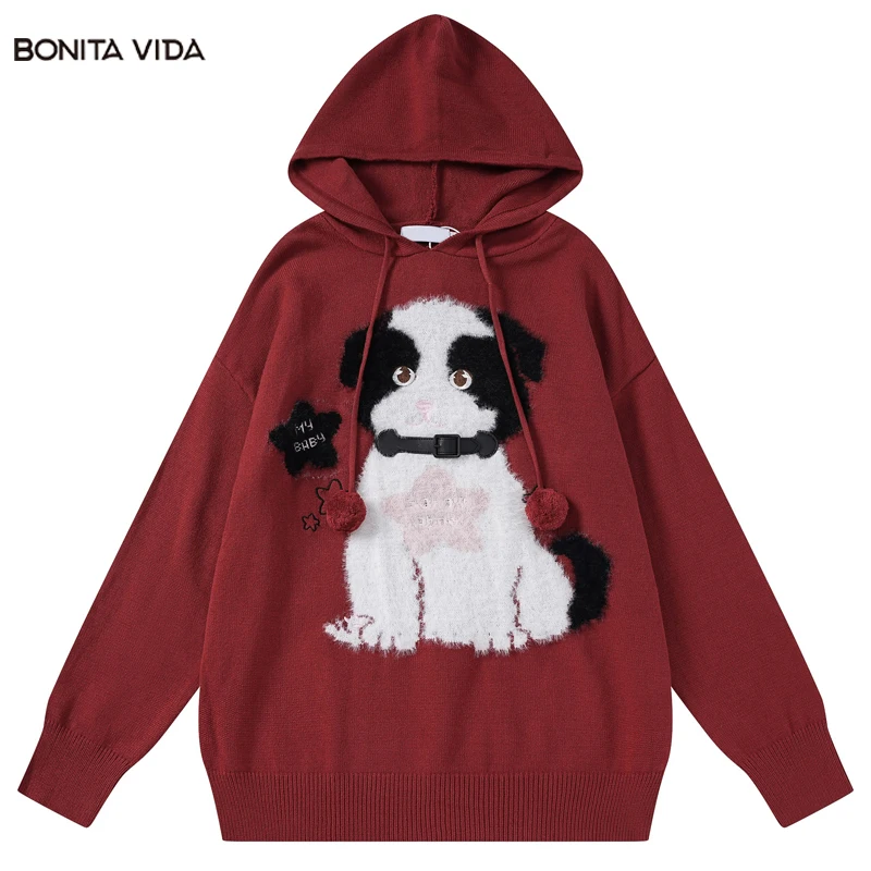 

Мужской свитер с капюшоном в стиле хип-хоп, осень 2023, уличная одежда в стиле Харадзюку, вязаные свитера с вышивкой и мультяшными собаками, пуловеры, джемперы, толстовки