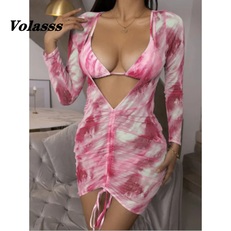 

2022 New Tie Dyed Swimsuit Women Mesh Skirt Bathing Suit Three Pieces Swimwear Deep V Neck Bikini Set Micro Bandage Bathing Suit
