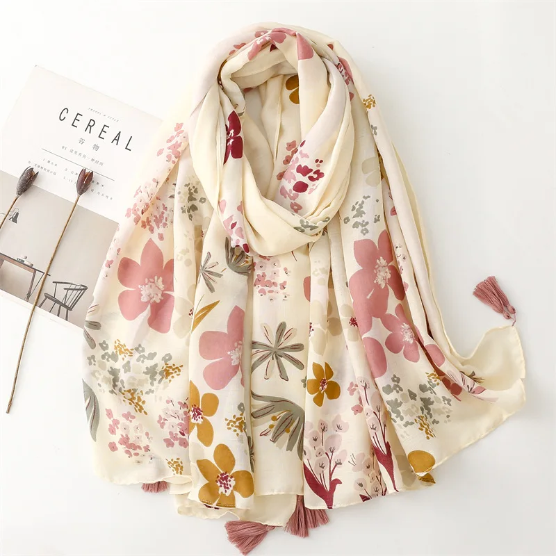

Scarf, cotton and linen, with a thickened satin texture, simple and elegant, fresh beige flower tassels, fashionable