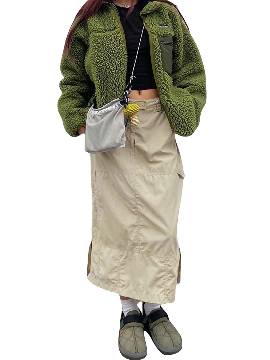 

Women Y2K Long Cargo Skirt Vintage Low Rise Drawstring Pleated Shirred Midi Skirts with Pockets 90s E-Girls Harajuku Gothic