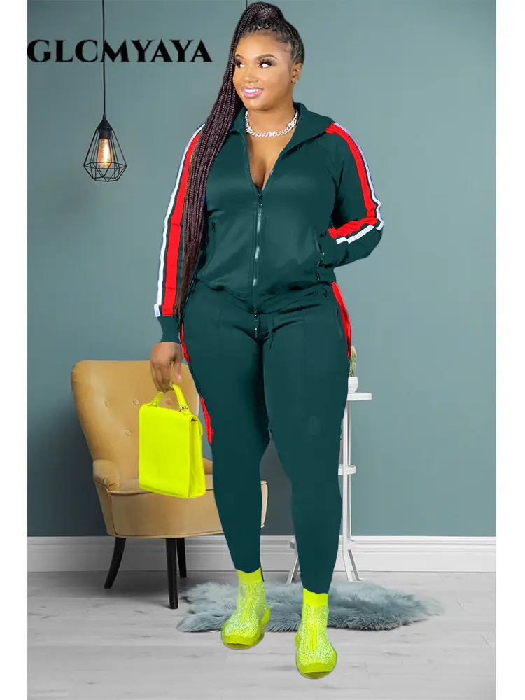 

GLCMYAYA Striped Side Splicing Women's Set Track Jackets Jogger Pants Suit Active Wear Tracksuit Two 2 Piece Set Fitness Outfit