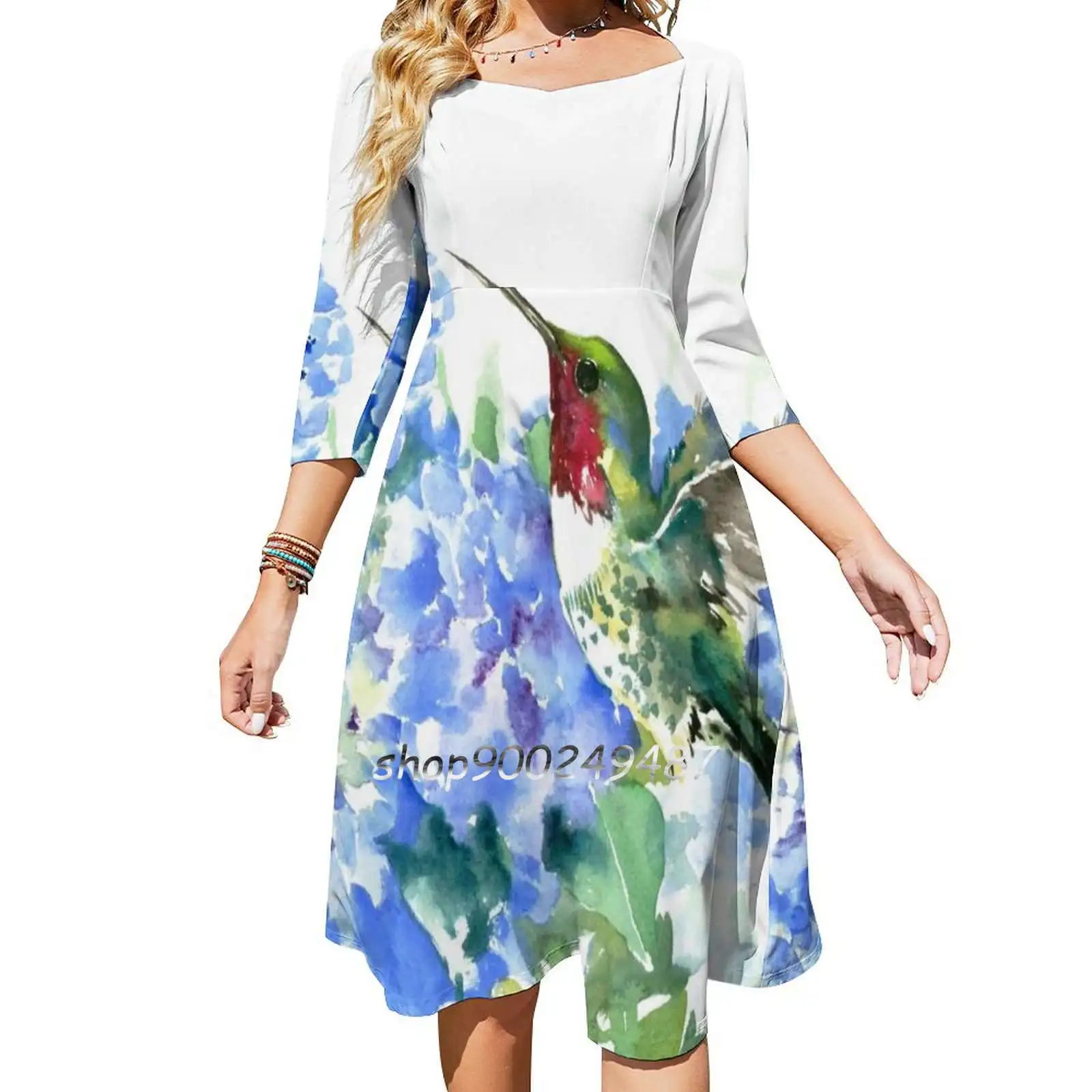 

Hydrangea Flowers And Hummingbird Evening Party Dresses Midi Sexy Dress Female Sweet One Piece Dress Korean Flowers And Birds
