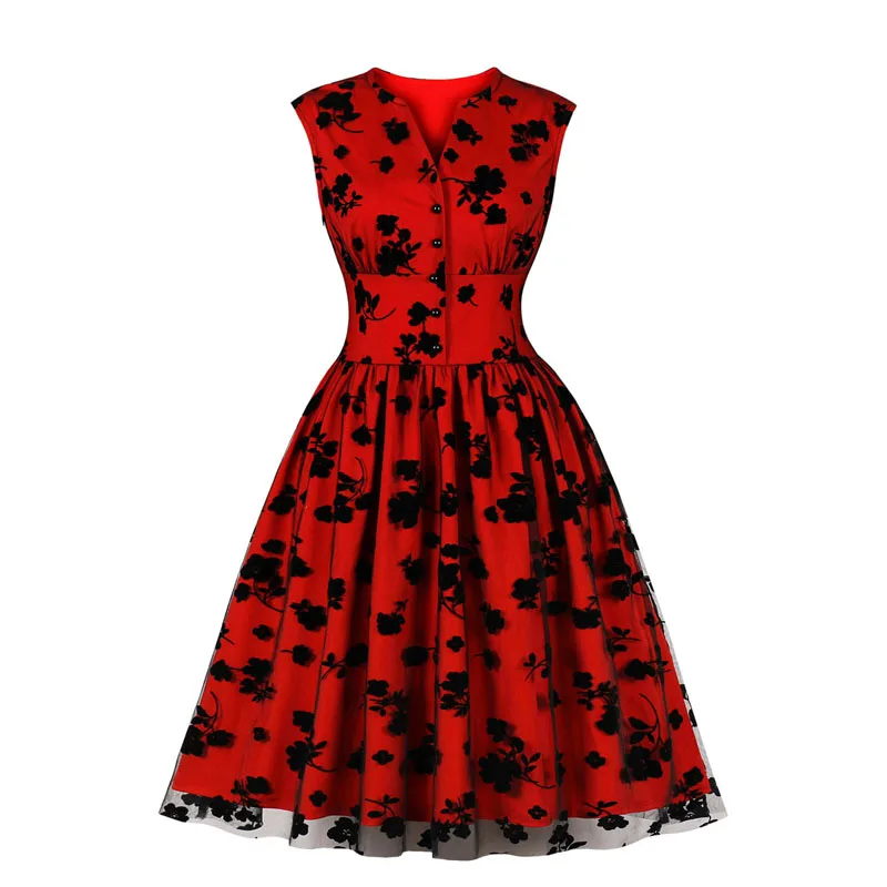 

2023 Women Clothing Summer Sleeveless V Neck Mesh Red Casual Party Vintage Retro Rockabilly pin up Swing Skater dress