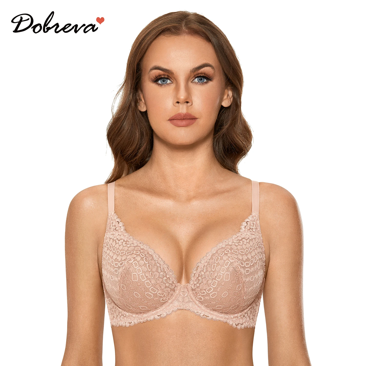 DOBREVA Women's Minimizer Floral Lace Bra Unlined Sheer Mesh Sexy Bralette Underwire Deep V Plunge Plus Size