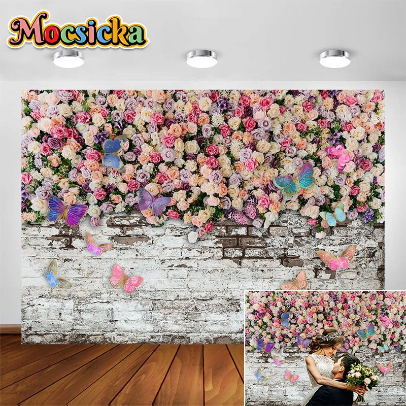 

Mocsicka Spring Photography Backdrop Wedding Floral Butterfly Brick Wall Decoration Photo Background Portrait Photo Studio Prop
