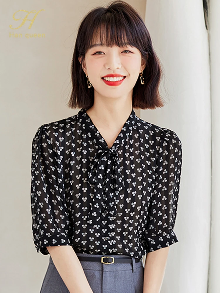 

Летняя шифоновая блузка H Han Queen, Простая Офисная Дамская рубашка в горошек на шнуровке, повседневные топы, корейские свободные блузки с коро...