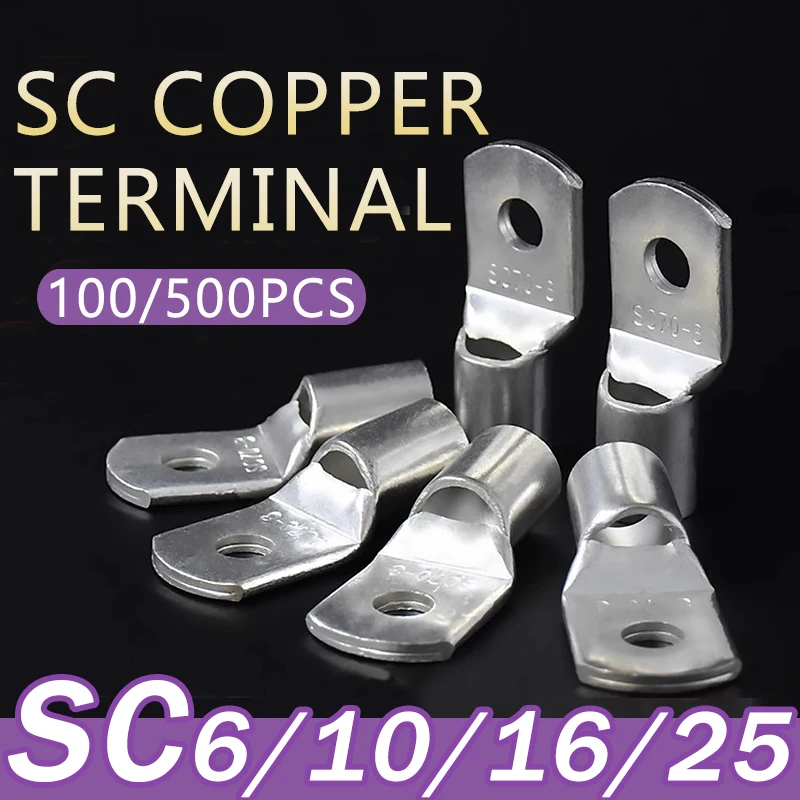 

100/500Pcs SC Type Wire Nose Terminal Cable Lugs SC6 SC10 SC16 SC25 Bare Copper Battery Crimp Connector Hole 6mm 8mm 10mm