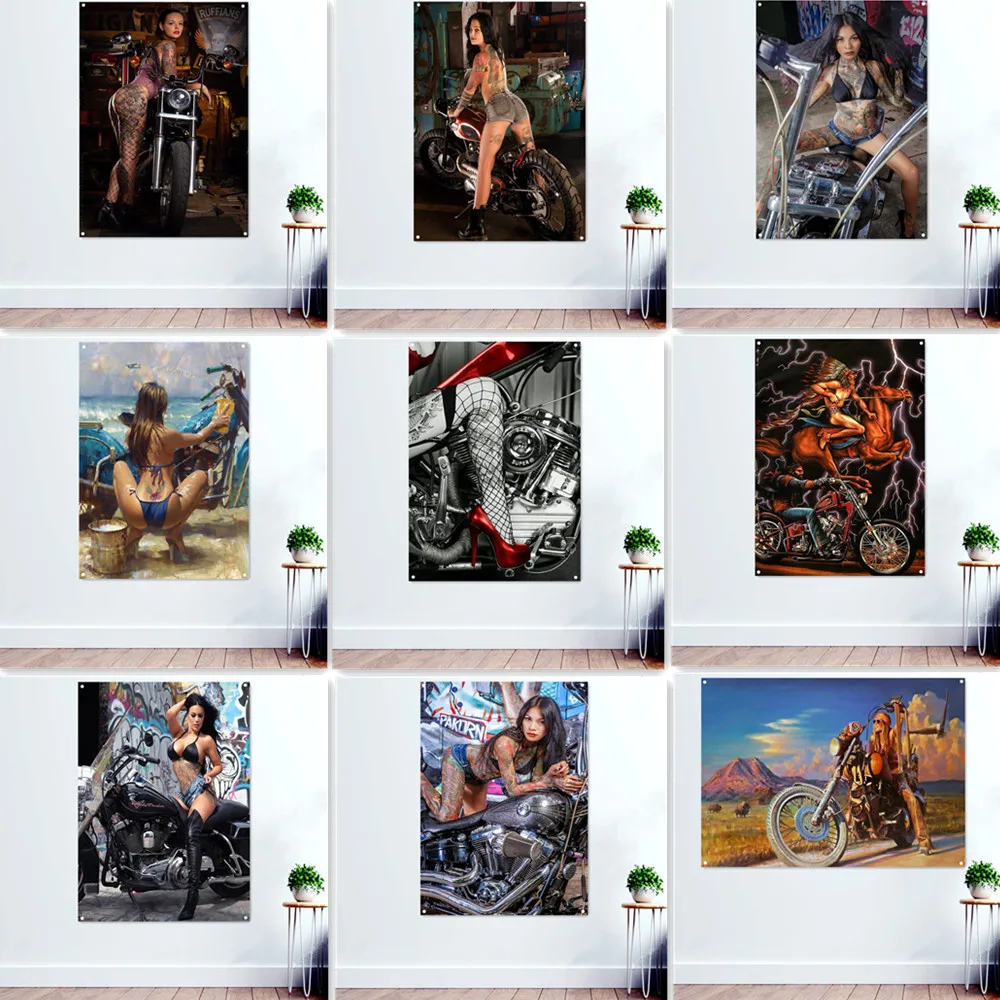 

Sexy Babes Biker Girl Banner Wall Painting Motorcycle Art Poster Garage Auto Repair Shop Home Decor Tapestry Wall Hanging Flag
