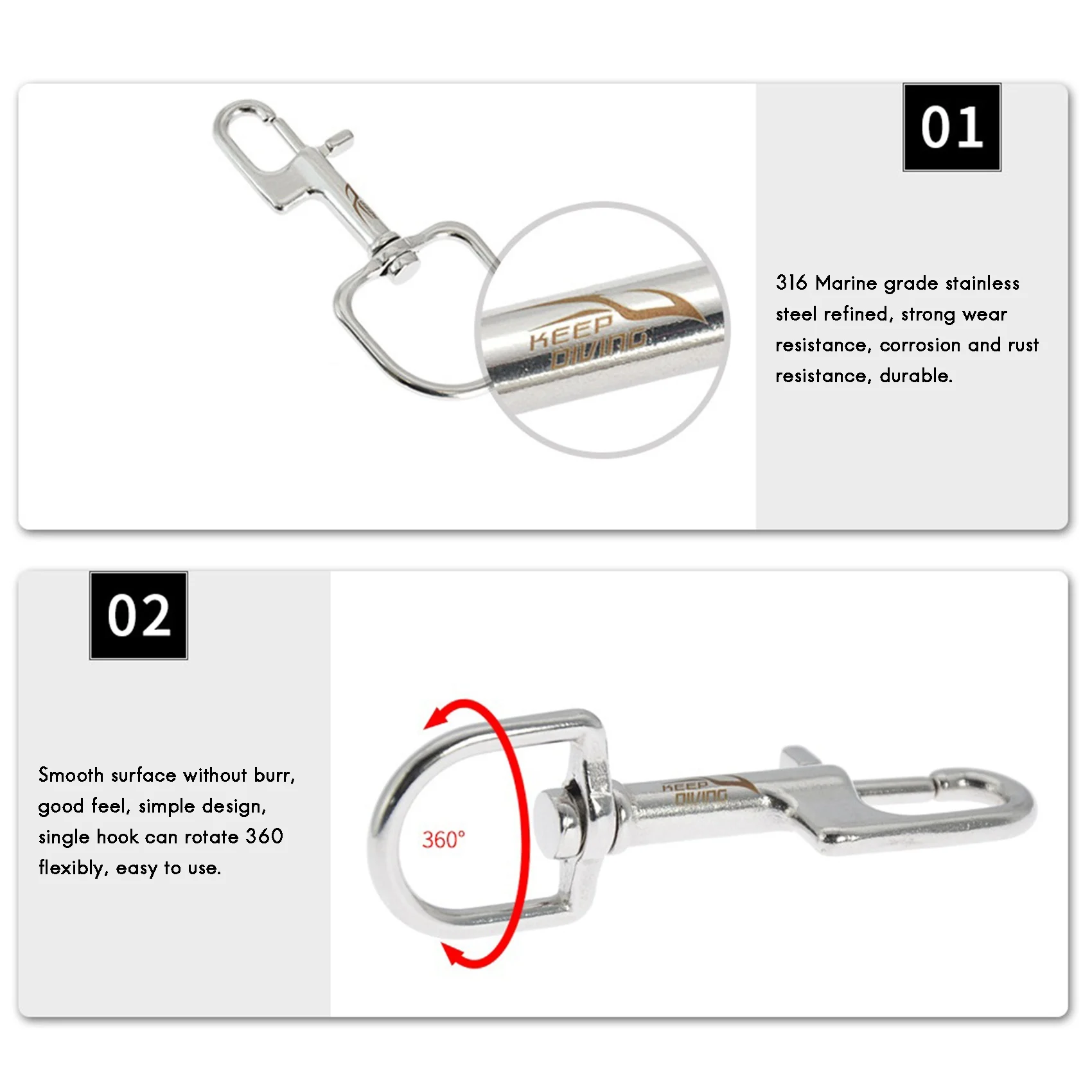 KEEP DIVING Нержавеющая сталь 316 крючок с одной головкой для дайвинга быстроразъемный
