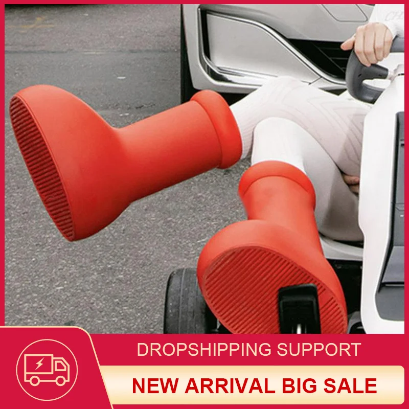 

Big Red Boots Rain Boot Tetsuwan Atom Thick Bottom Big Round Toe Flat Rubber Cartoon Boots Women Men Walk Show（unmarked）