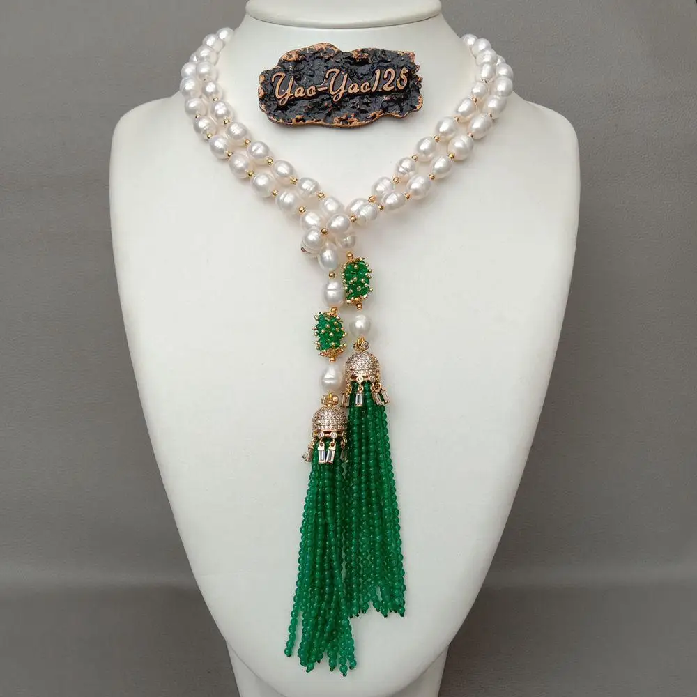 Y.YING 51 ''collana lunga con pendente a pavé di nappa di giada verde perla di riso bianco coltivato
