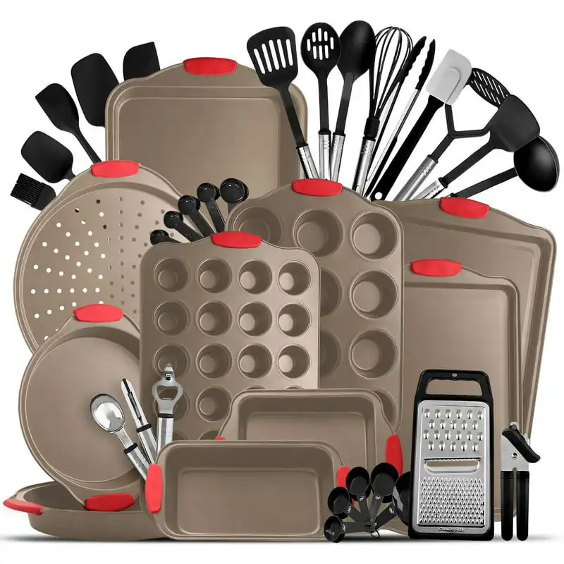 

Kitchen Brown Utensil Set 24 Nylon Stainless Steel Utensil Set & Black 15 Piece Bakeware Set Professional Home Kitchenware Cookw