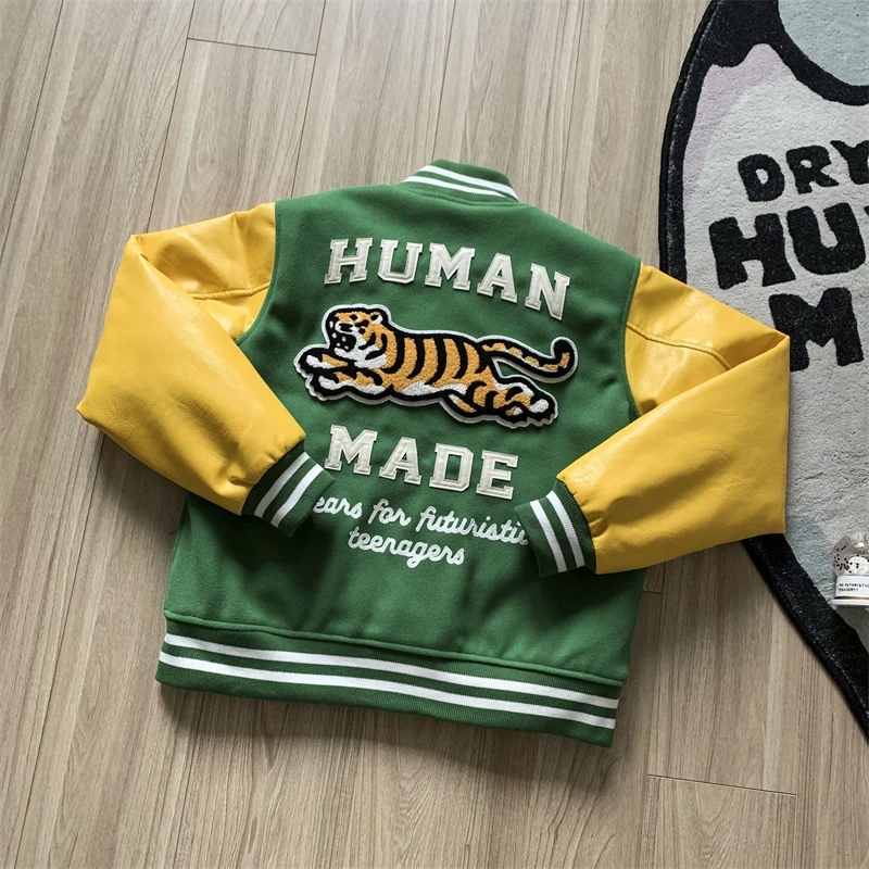 

High qualityEmbroidery Tiger HUMAN MADE Baseball Jackets Men Women Leather Sleeve Bomb Jacket Outwear Coat
