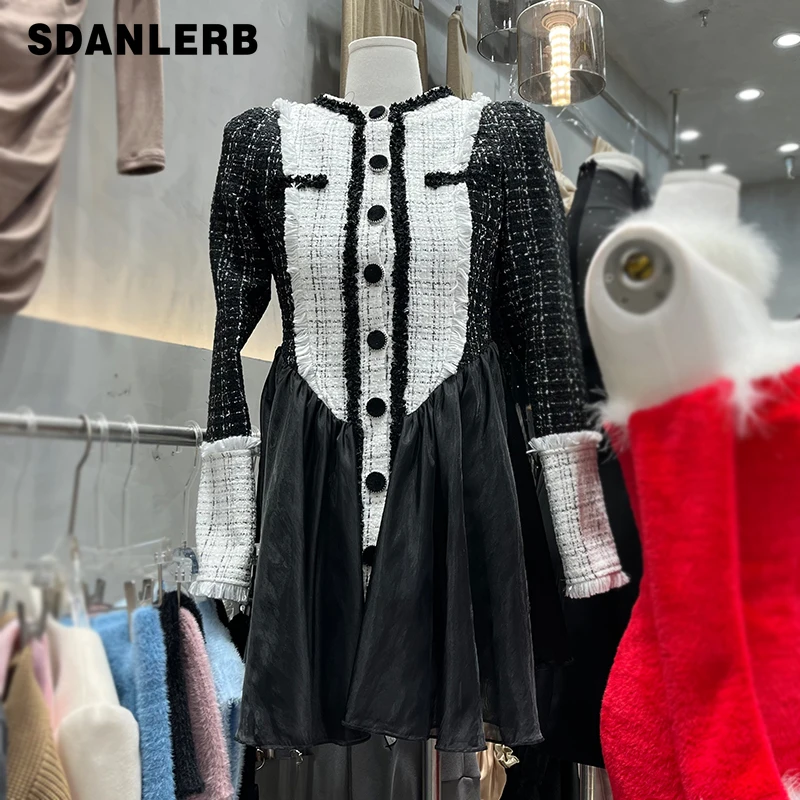 

Retro Elegant Tweed Long Sleeve Dress 2022 Spring Women's Patchwork Clothes Spring Autumn Colorblock Midi Dress Vestidos Mujer