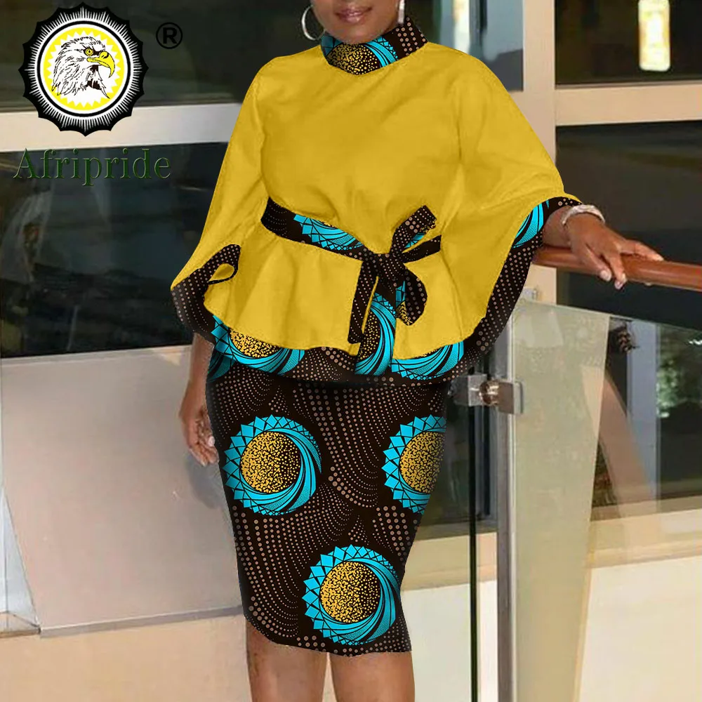 Women`s Casual African Clothing Traditional Set Dashiki Print Shirt and Ankara Skirt 2 Piece Tribal Suit AFRIPRIDE S2026009
