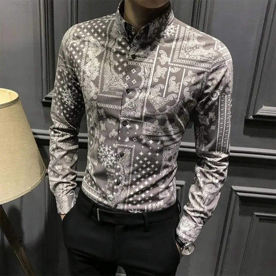Men's new handsome floral shirt in spring and autumn Korean fashion personality long sleeve printed shirt casual slim jacket
